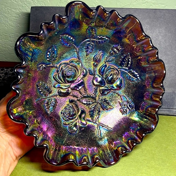 Imperial Glass Open Rose Carnival Bowl 3 Footed Ruffled Edge, Amethyst ca. 1910s - Picture 1 of 17
